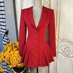 Elegant Red Pleated Peplum Long Sleeve Women's Blazer